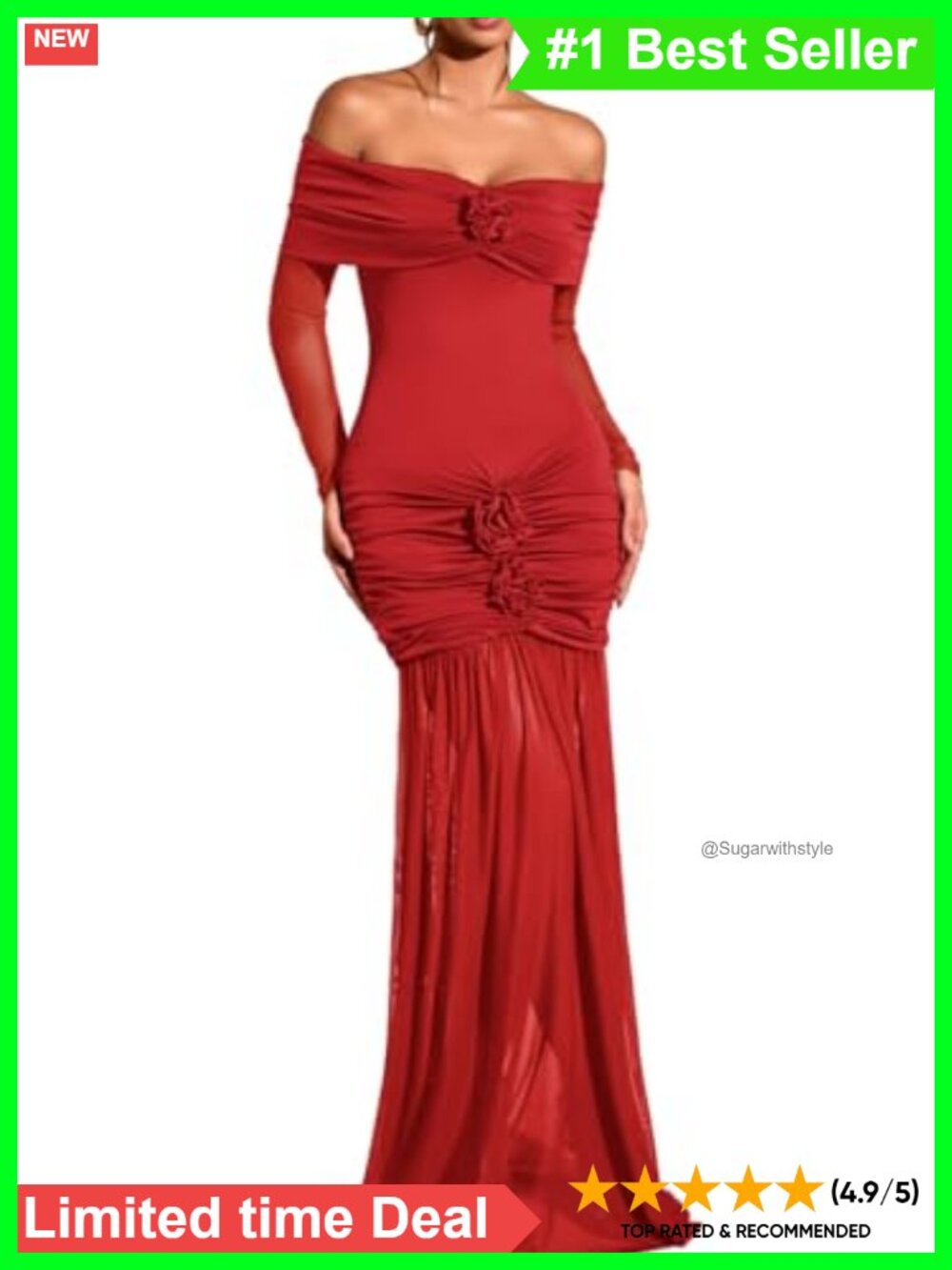 Off Shoulder 3D Flower Mermaid Maxi Formal Dress Sheer Long Sleeve Gown